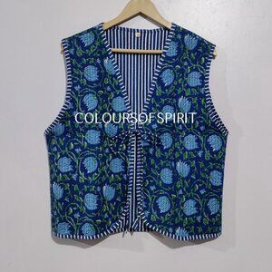 Indian Hand Block Printed Quilted Vest Cotton Size Large
